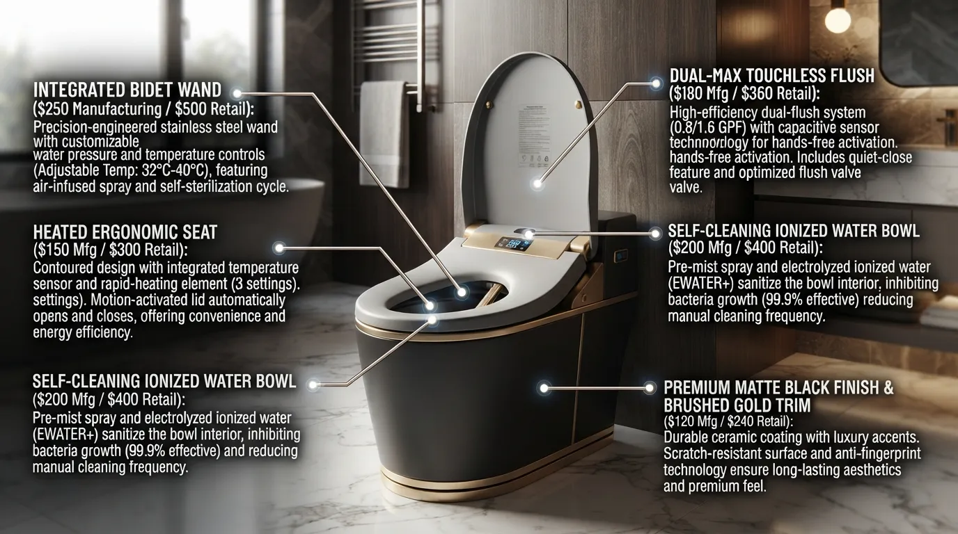 Infographic breaking down luxury toilet features like integrated bidets, heated seats, smart flushing systems, and premium materials that drive up the cost.