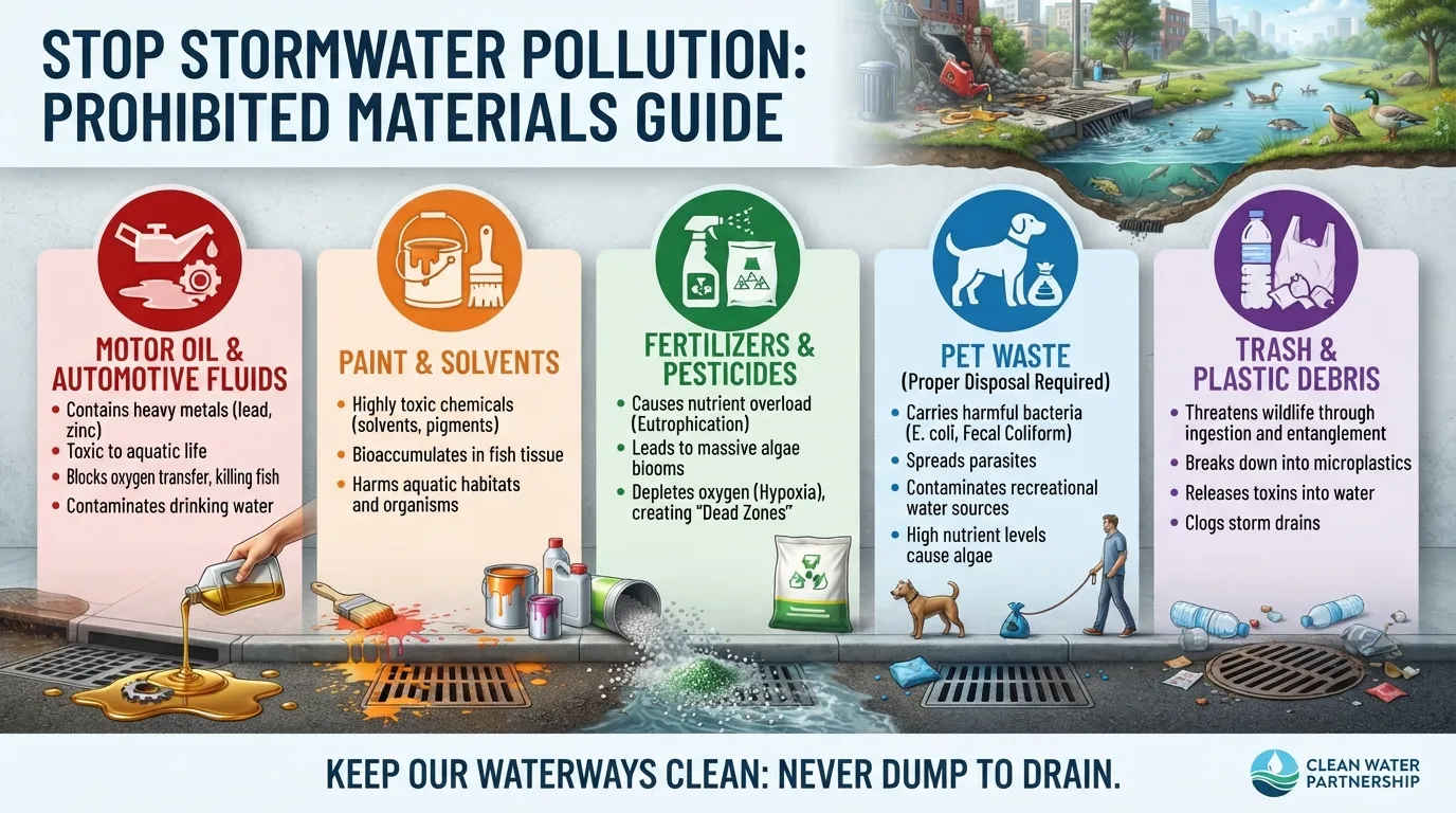 An illustrated guide showing prohibited items like motor oil, paint, and chemicals that should never be dumped down a storm drain to prevent water pollution.