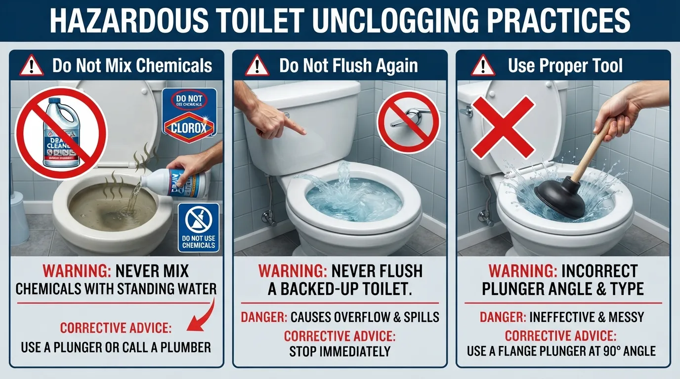 Infographic showing common toilet unclogging mistakes, including using harsh chemical drain cleaners and flushing while the bowl is full.
