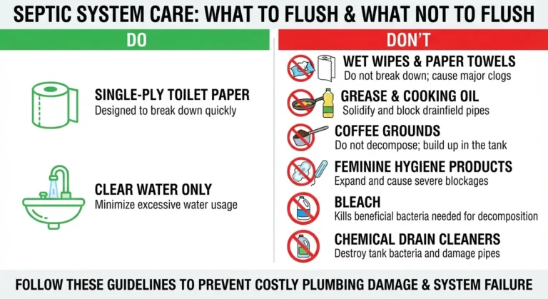 An infographic showing a split-screen comparison of items to flush or avoid in a septic tank, including a green checkmark for safe items like toilet paper and a red X symbol for forbidden items like grease, wipes, and chemicals.