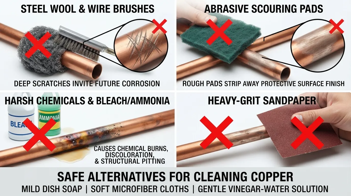 Flat lay photograph of prohibited cleaning tools and harsh chemicals crossed out next to a copper pipe, including steel wool, abrasive scouring pads, and a bottle of bleach.