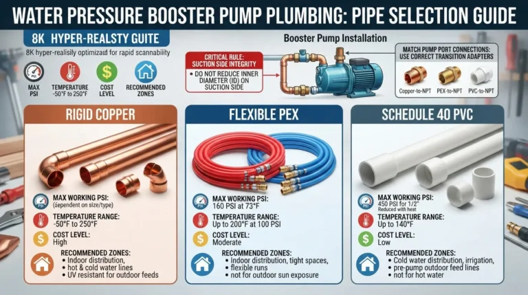 Comprehensive diagram comparing copper, PEX, and Schedule 40 PVC pipes for a water pressure booster pump installation showing pressure ratings and flexibility.