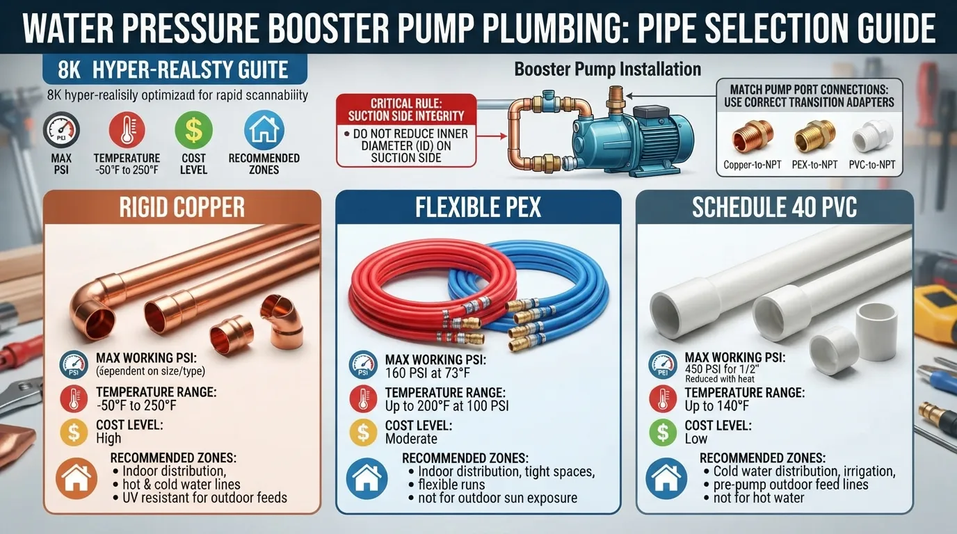 Comprehensive diagram comparing copper, PEX, and Schedule 40 PVC pipes for a water pressure booster pump installation showing pressure ratings and flexibility.