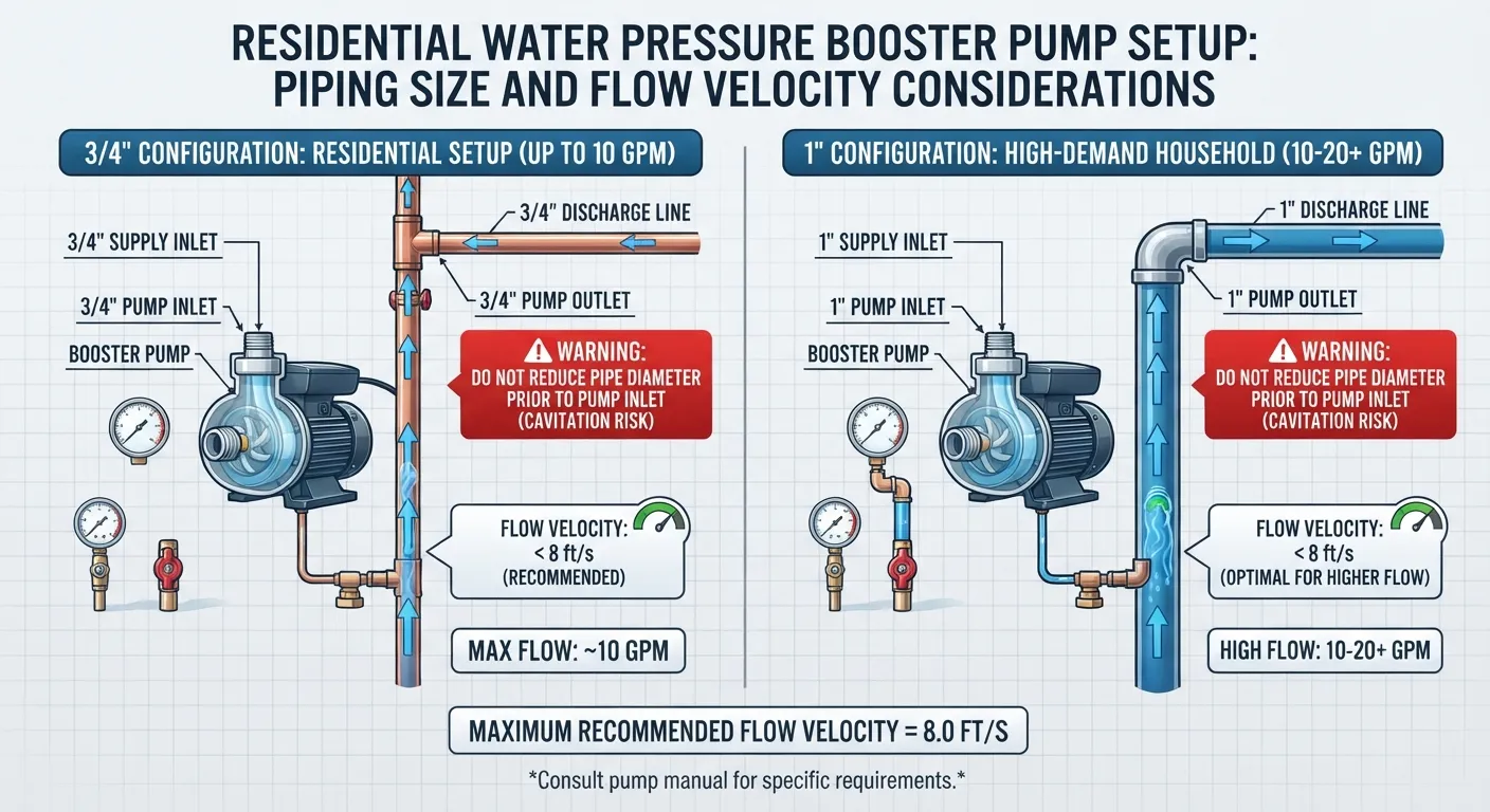 Infographic chart comparing 3/4-inch and 1-inch pipe diameters for a water pressure booster pump to optimize GPM flow and prevent pressure drop.