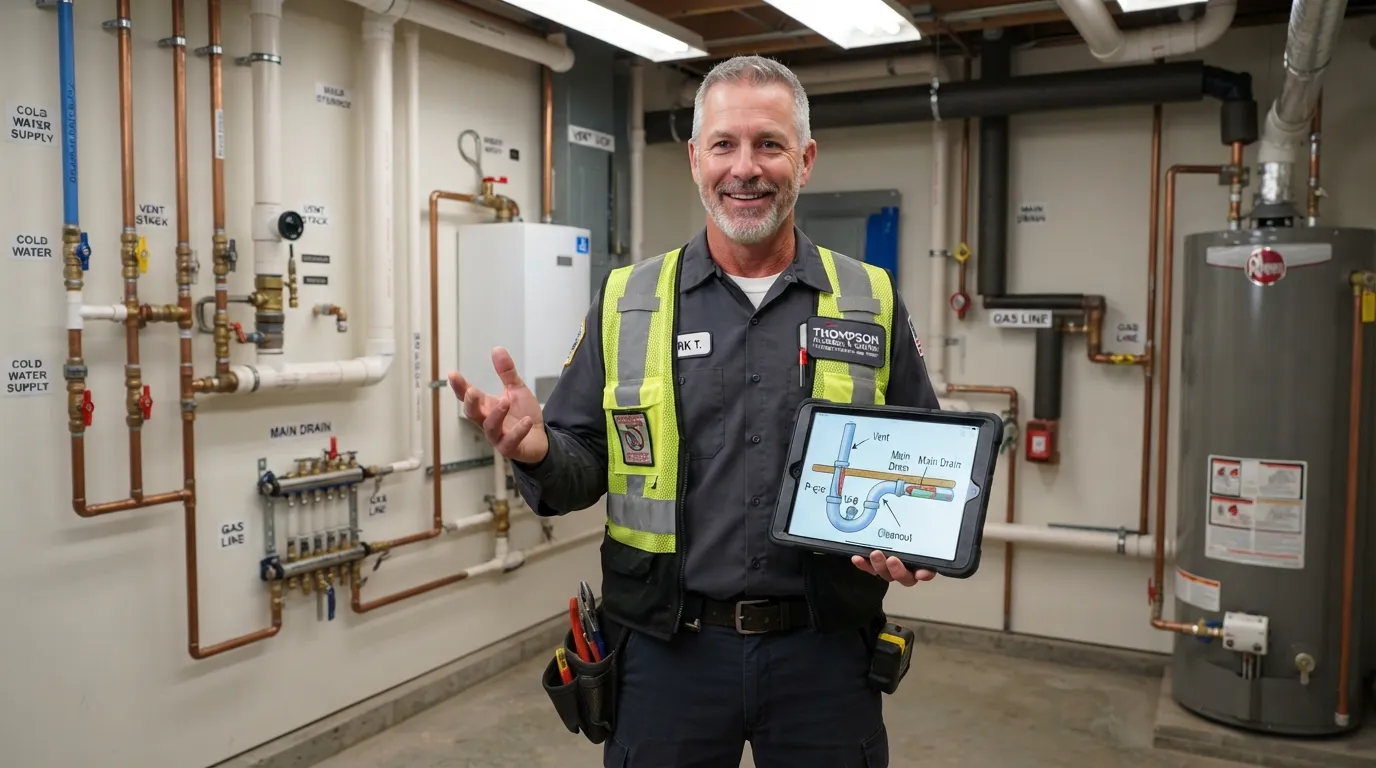 A professional licensed plumber in a service uniform holding a digital tablet and gesturing toward a residential pipe system while giving expert advice.
