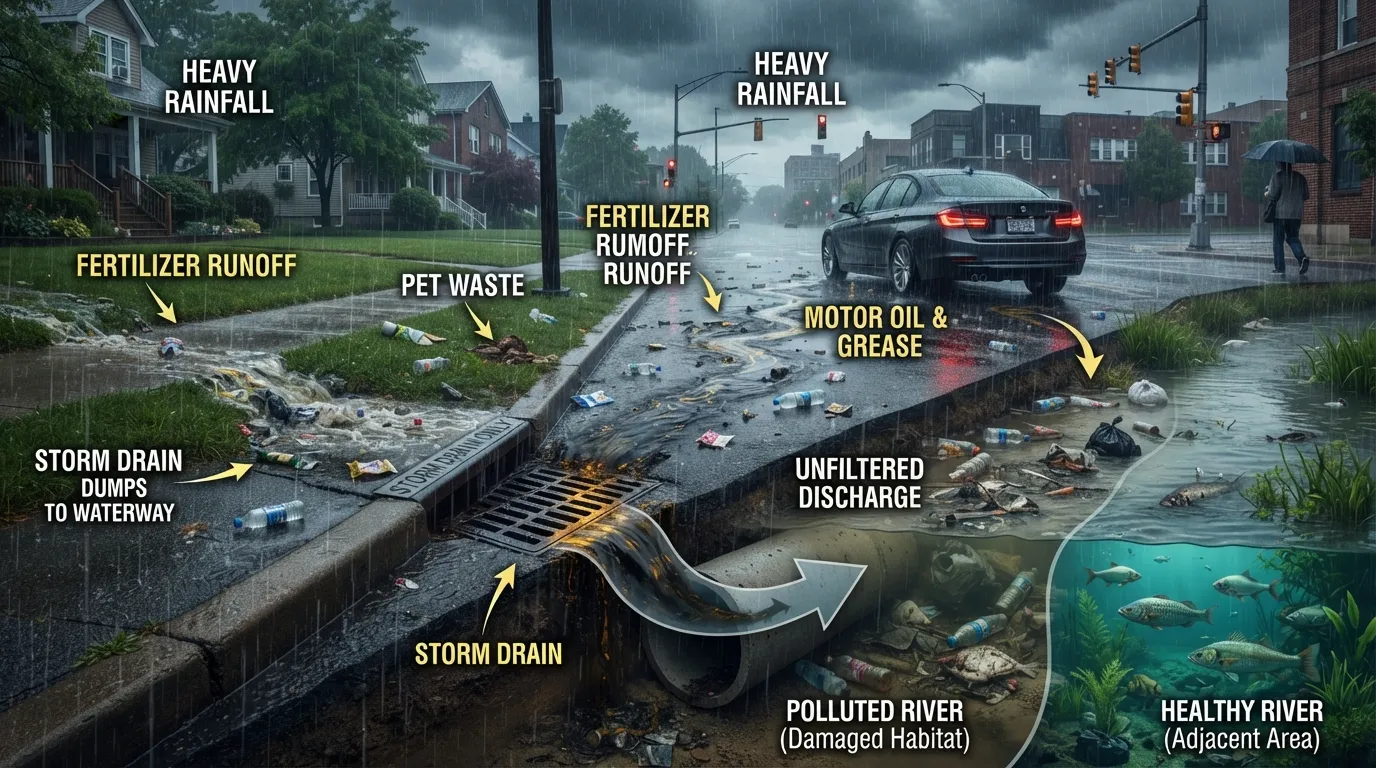 Infographic illustrating common storm water pollutants like motor oil, litter, and fertilizers washing into a storm drain, and their environmental impact.