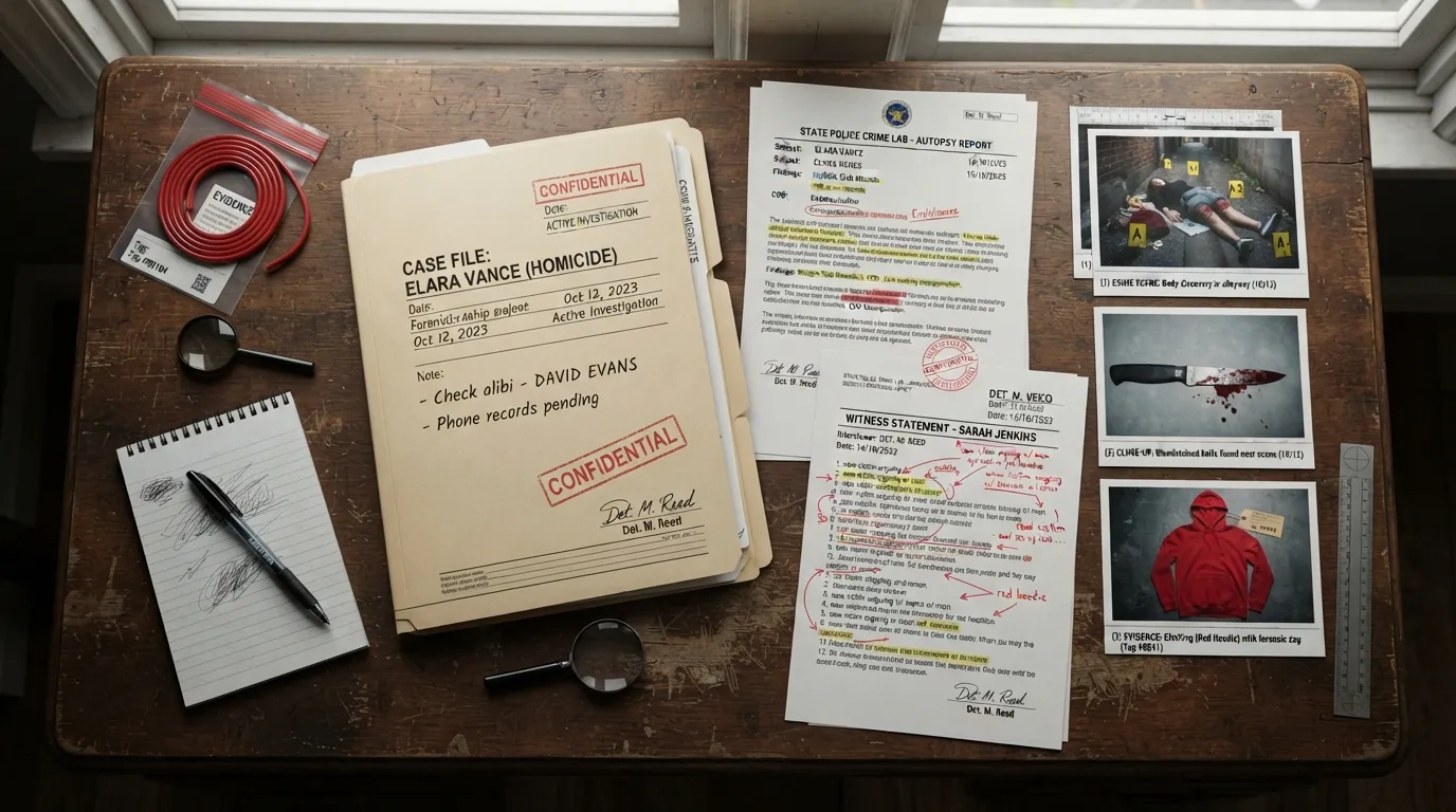 A close-up view of an open investigative case file containing forensic reports, photographic evidence, and handwritten notes spread across a wooden desk.