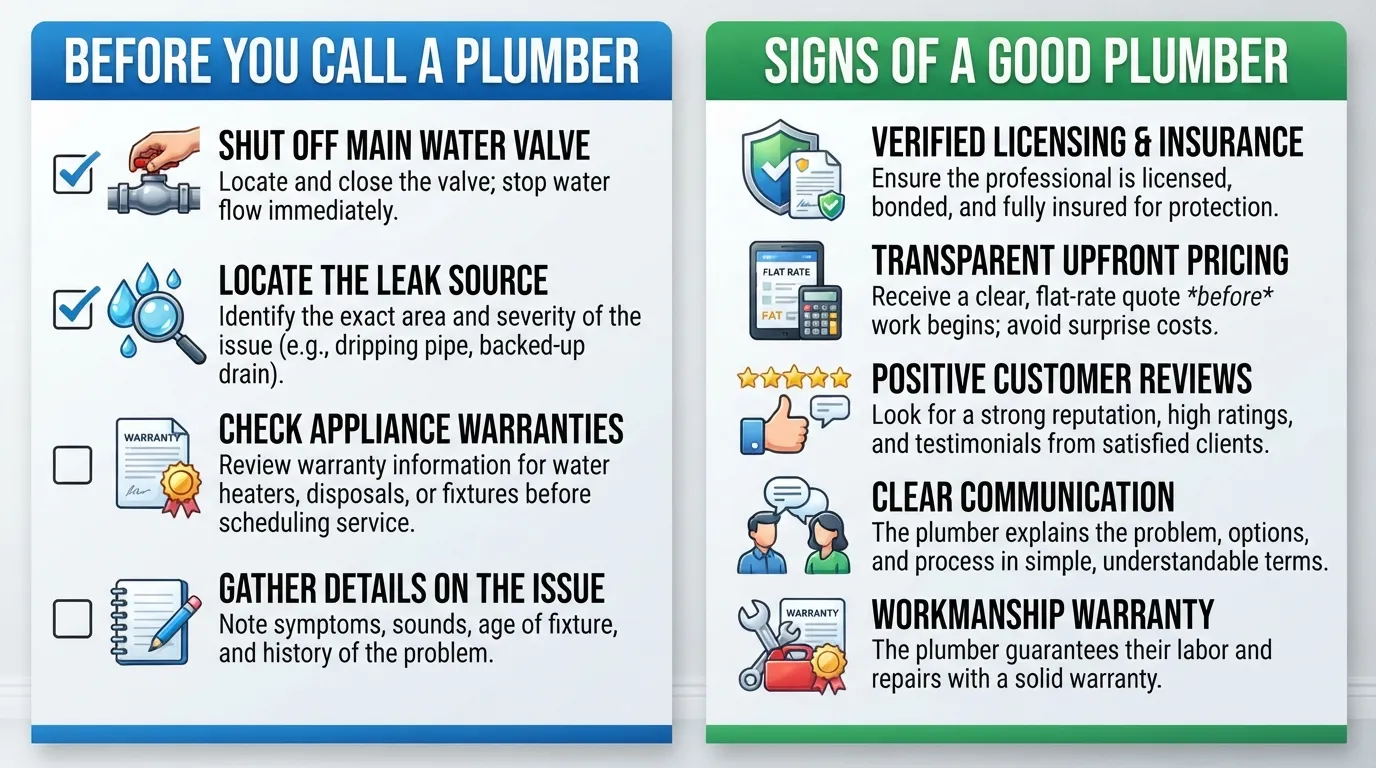 Infographic outlining key checklist items before calling a plumber and essential signs of a reliable, professional plumbing service provider.
