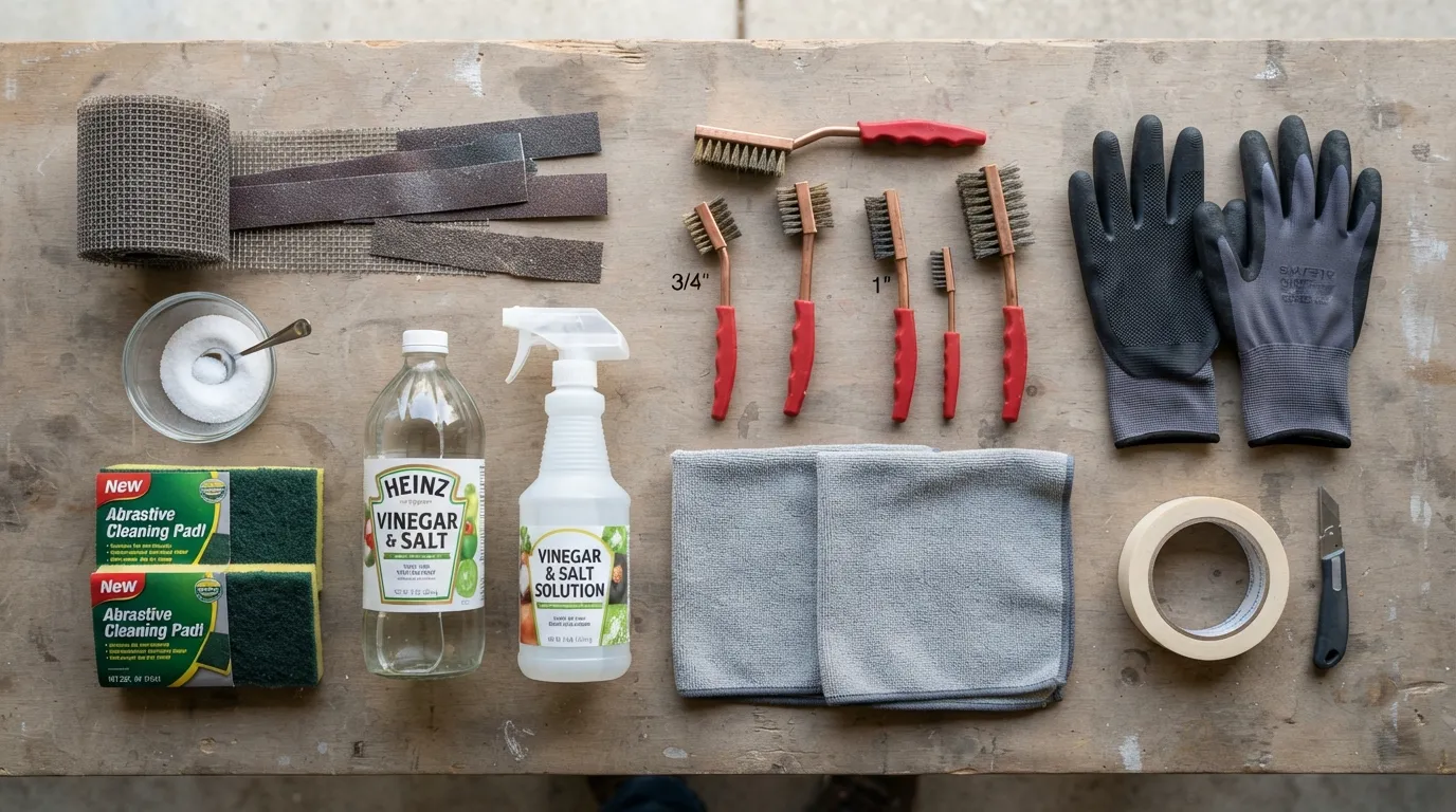 Flat lay of supplies needed to clean copper pipes, including sandpaper, wire brush, vinegar, salt, and clean rags on a workbench.