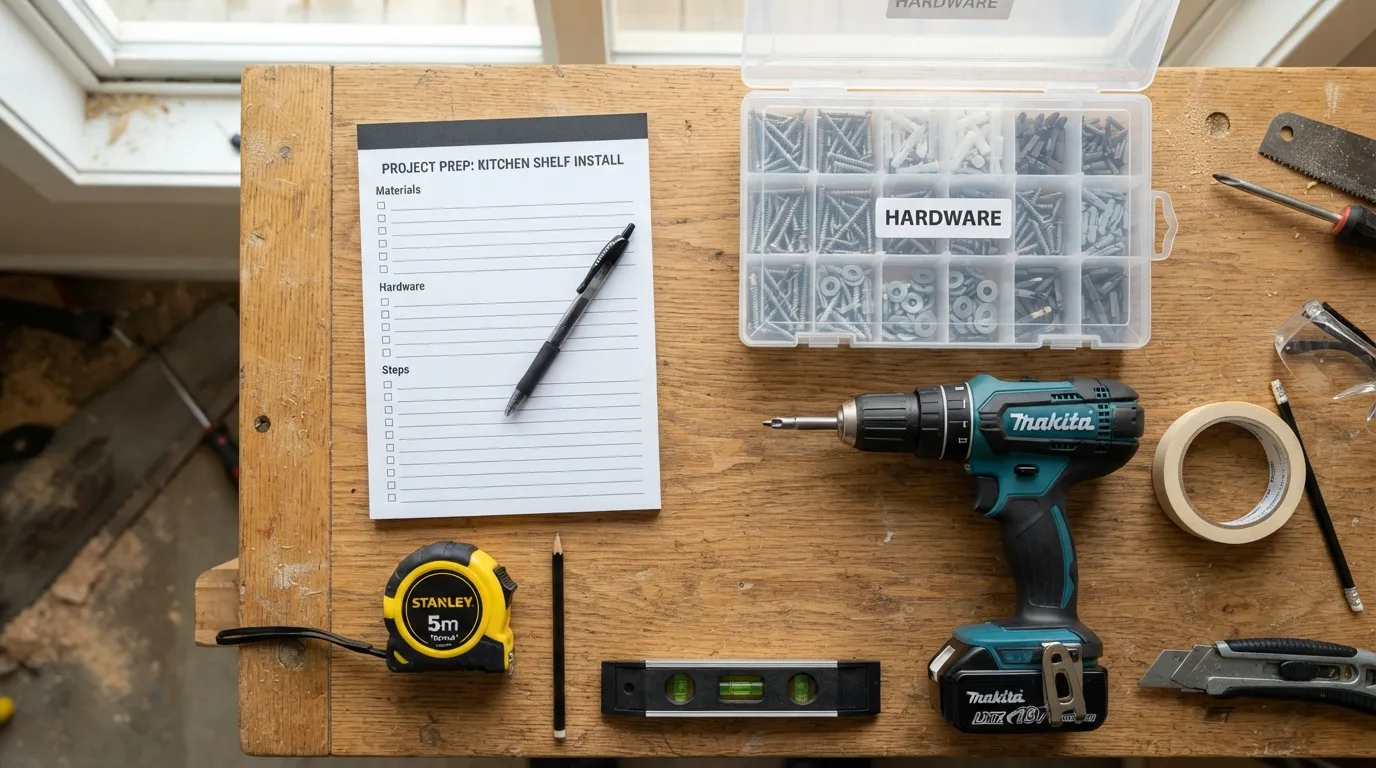 A flatlay photograph of essential tools, materials, and a checklist laid out neatly on a wooden desk, representing the items needed before starting a project.