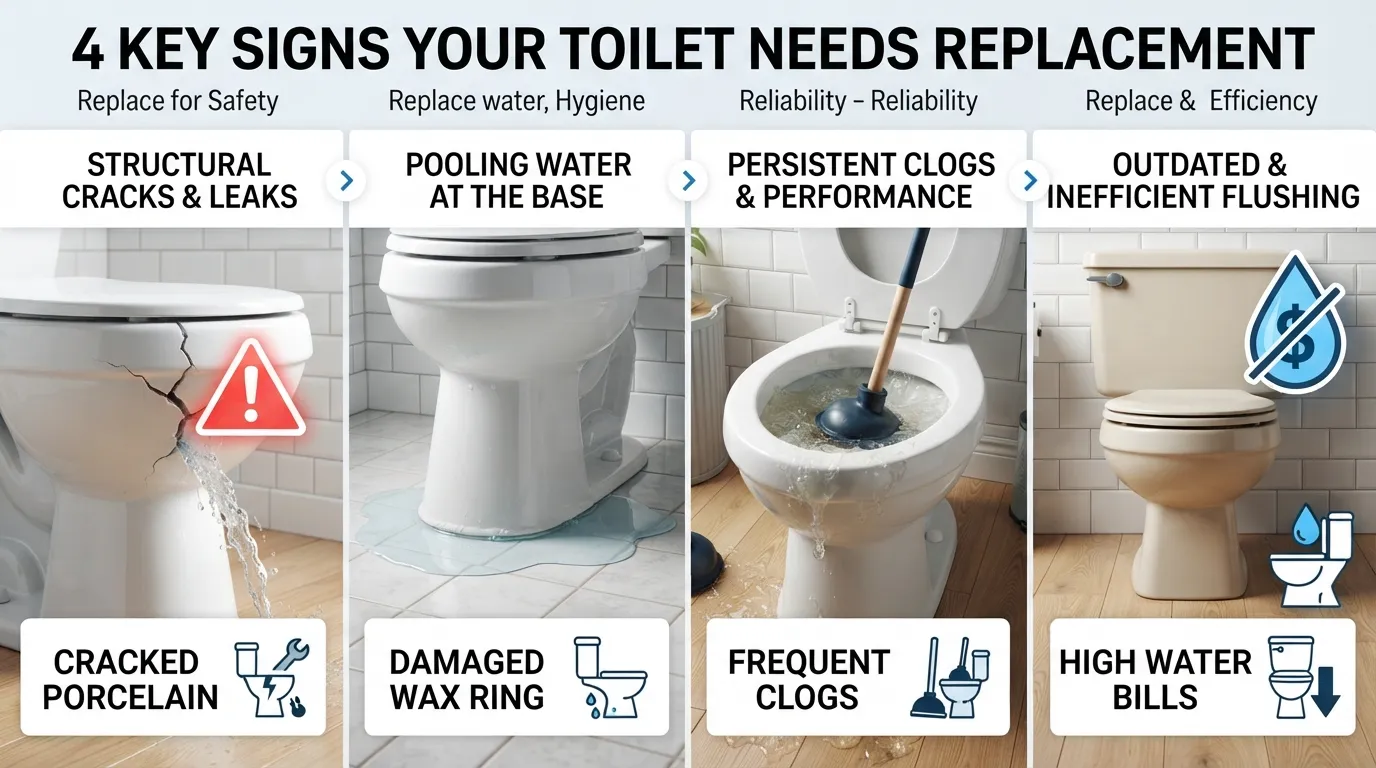 Infographic showing the top warning signs that indicate a toilet needs replacement, including persistent cracks, frequent leaks, and constant clogging.