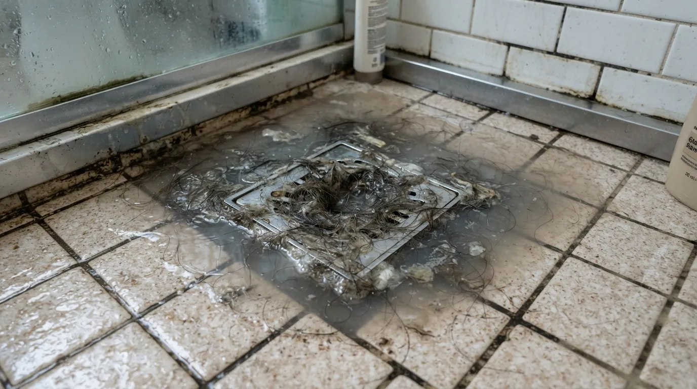 A severe residential plumbing clog showing a backed-up bathroom shower drain overflowing with water and debris.