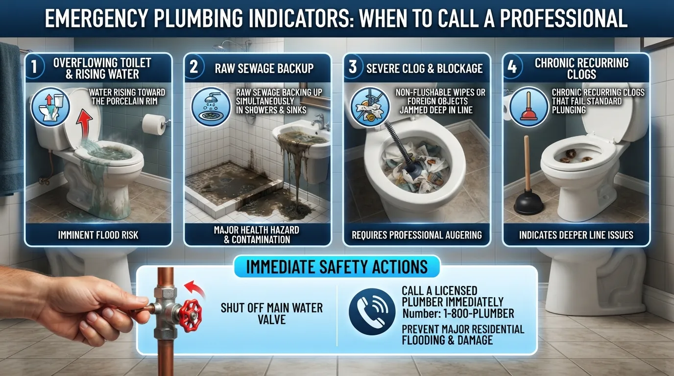 Infographic displaying critical warning signs for when to call a professional plumber for a severe toilet clog, including overflowing water and multi-fixture backups.