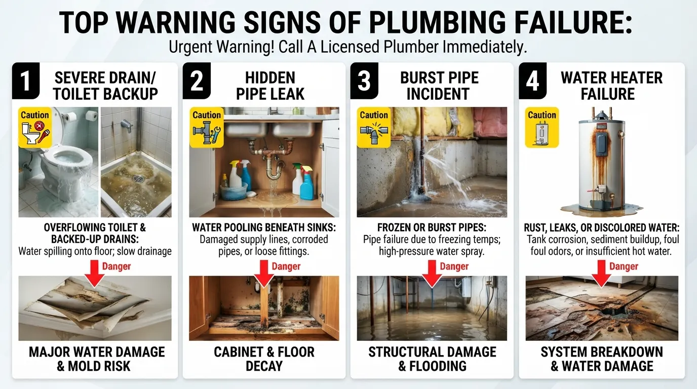Infographic highlighting common plumbing warning signs like overflowing toilets, burst pipes, and slow drains to indicate when to call a professional plumber.