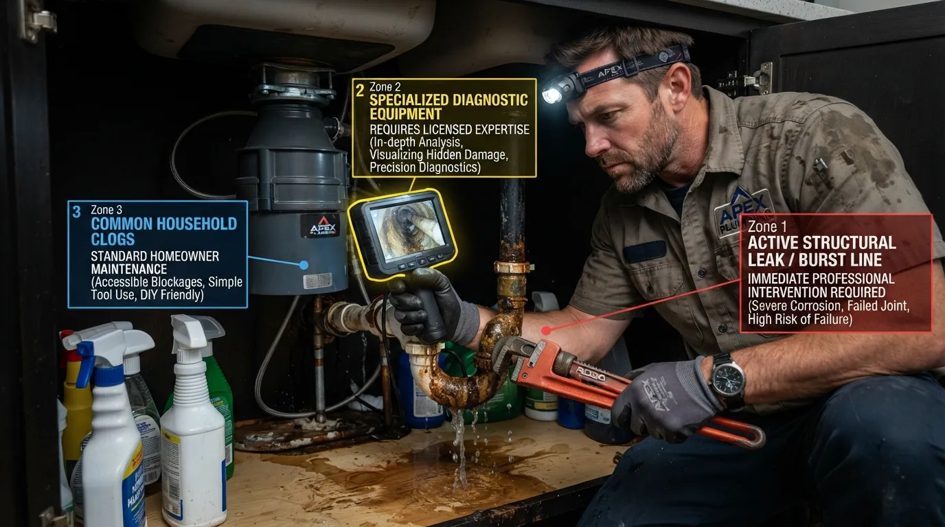 Licensed plumber using diagnostic tools to inspect a complex residential pipe system under a kitchen sink.