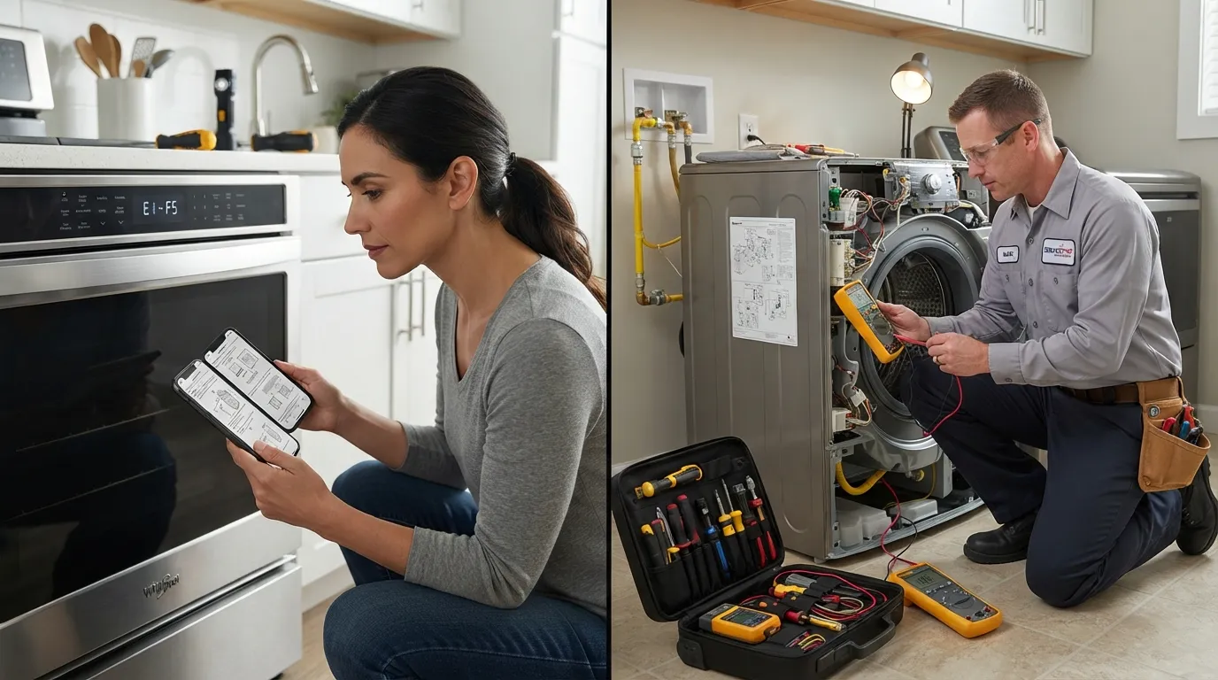 A professional repair technician working on a complex kitchen appliance alongside a homeowner checking a repair guide, illustrating when to hire a pro instead of doing DIY fix-ups.