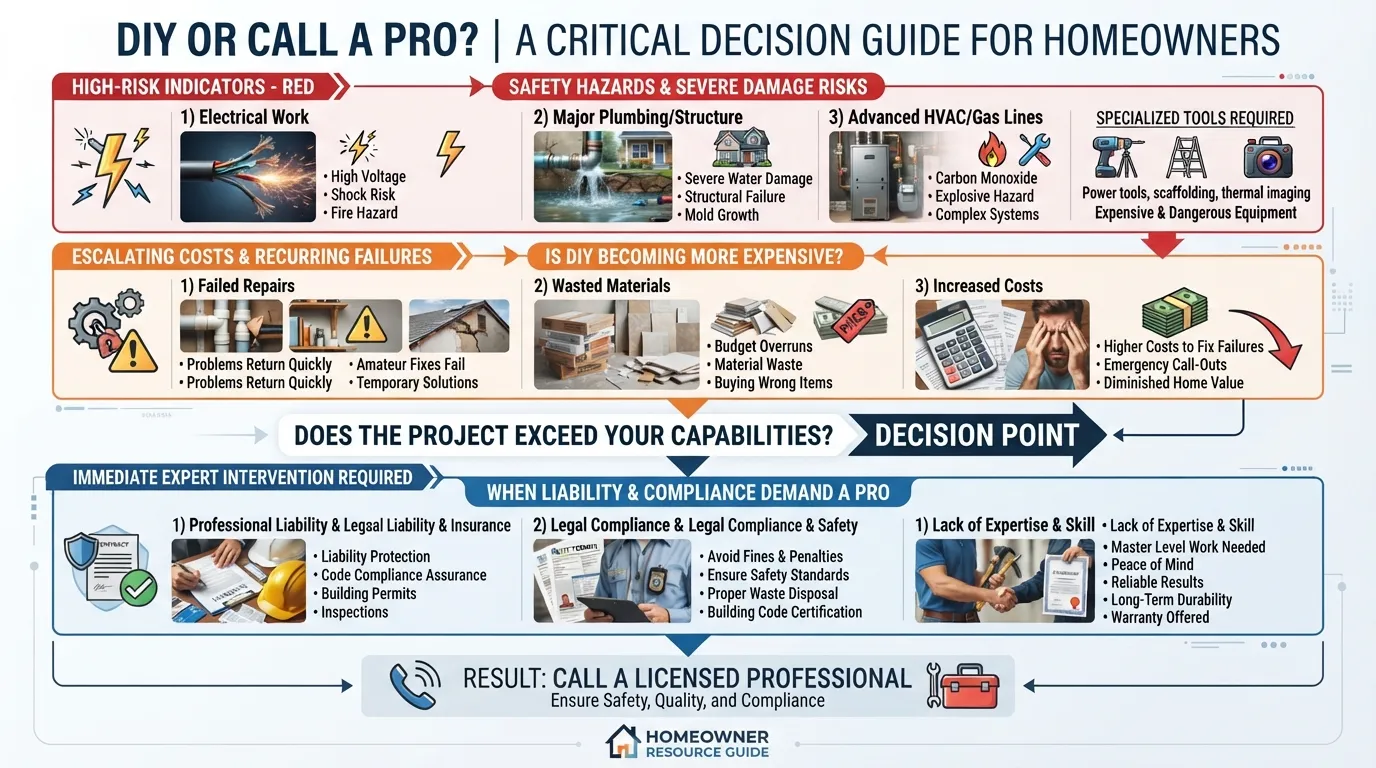 Infographic showing the critical warning signs and emergency situations that indicate it is time to stop DIY efforts and hire a professional service provider.