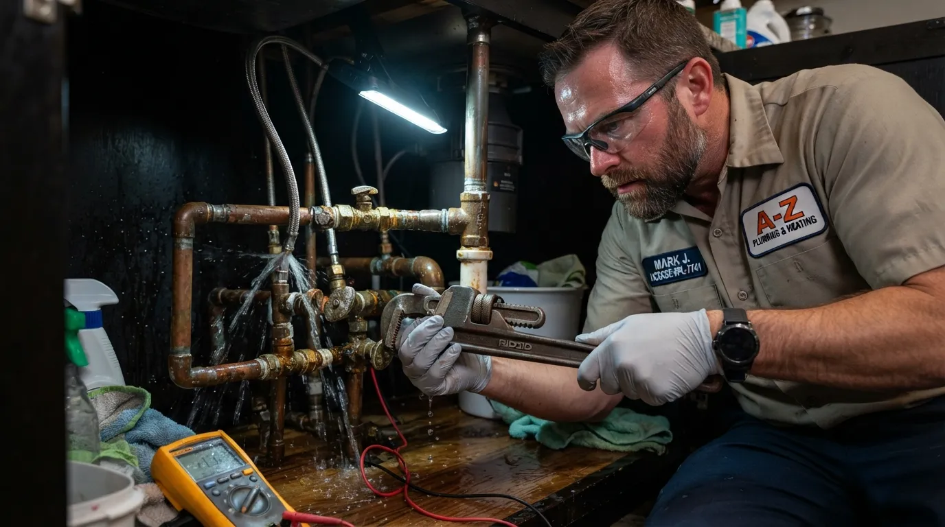 A professional plumber inspecting a severe pipe leak under a home sink, illustrating when to call an expert for emergency repairs.