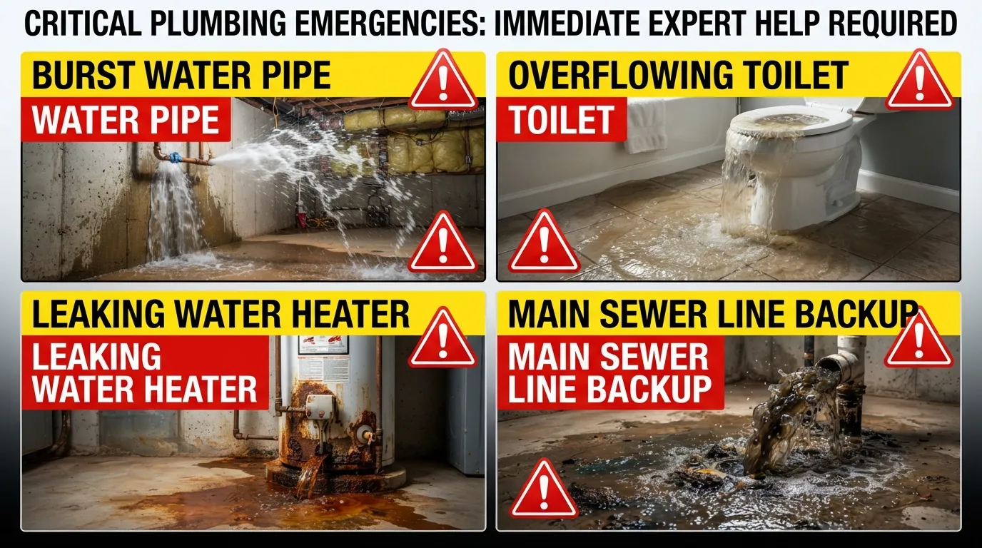 Infographic highlighting plumbing red flags such as burst pipes and overflowing toilets that indicate when you need to call a professional plumber.