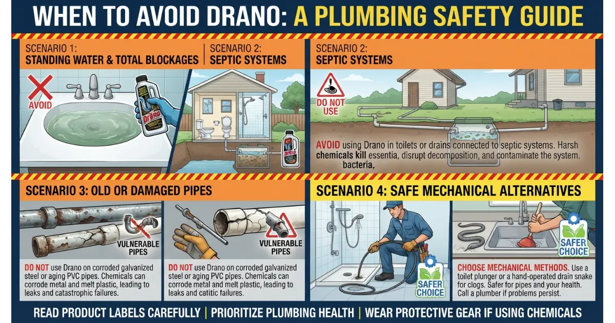 Warning signs and plumbing conditions showing when you should avoid using Drano chemical cleaner in a shower drain.
