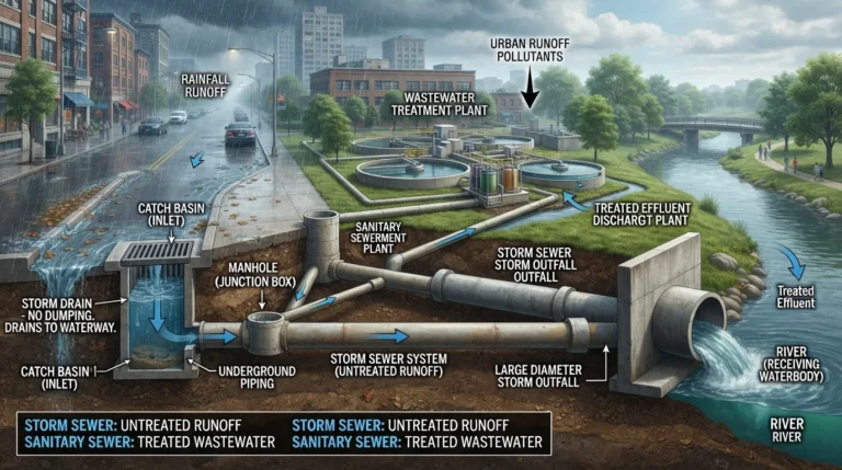 Diagram illustrating the path of storm sewer water from street catch basins through underground pipes to local waterways like rivers and lakes.
