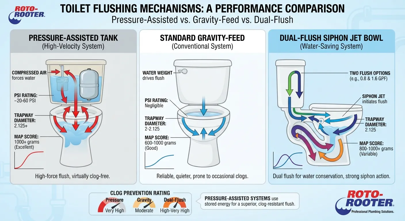 Cutaway diagram and performance comparison of different toilet flushing systems including pressure-assisted, gravity-feed, and dual-flush models to show which has the strongest flush.
