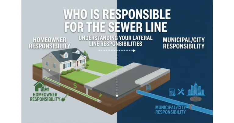 An infographic cross-section of a property showing the sewer lateral line split into homeowner responsibility from the house to the property line, and municipal/city responsibility from the property line to the main sewer line
