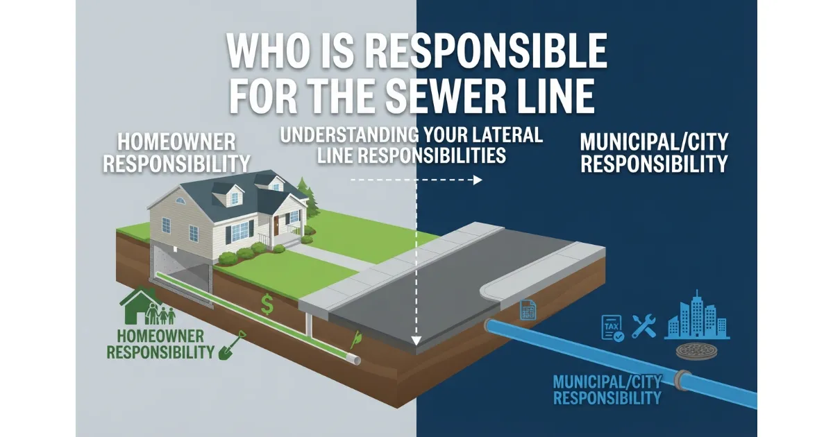 An infographic cross-section of a property showing the sewer lateral line split into homeowner responsibility from the house to the property line, and municipal/city responsibility from the property line to the main sewer line