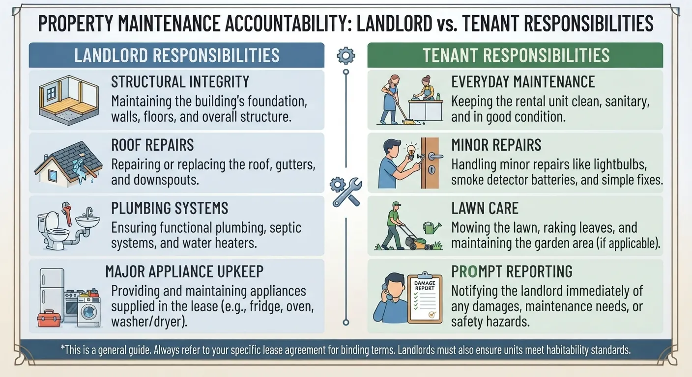 A split-screen infographic comparing rental responsibilities, showing a landlord handling structural repairs and a tenant managing daily maintenance.
