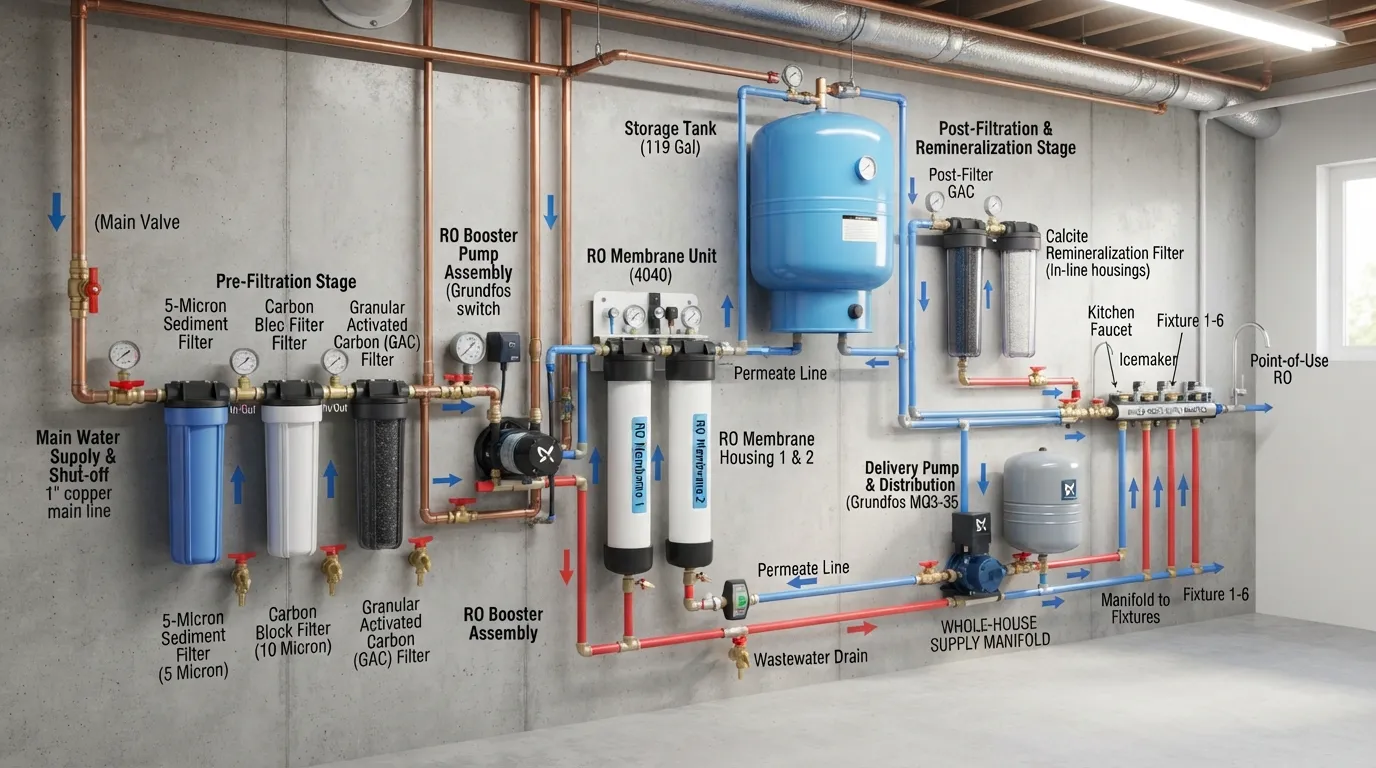 Comprehensive plumbing layout diagram of a whole-house reverse osmosis system, showing water flow from the main supply through pre-filters, the RO membrane, storage tank, and distribution lines.