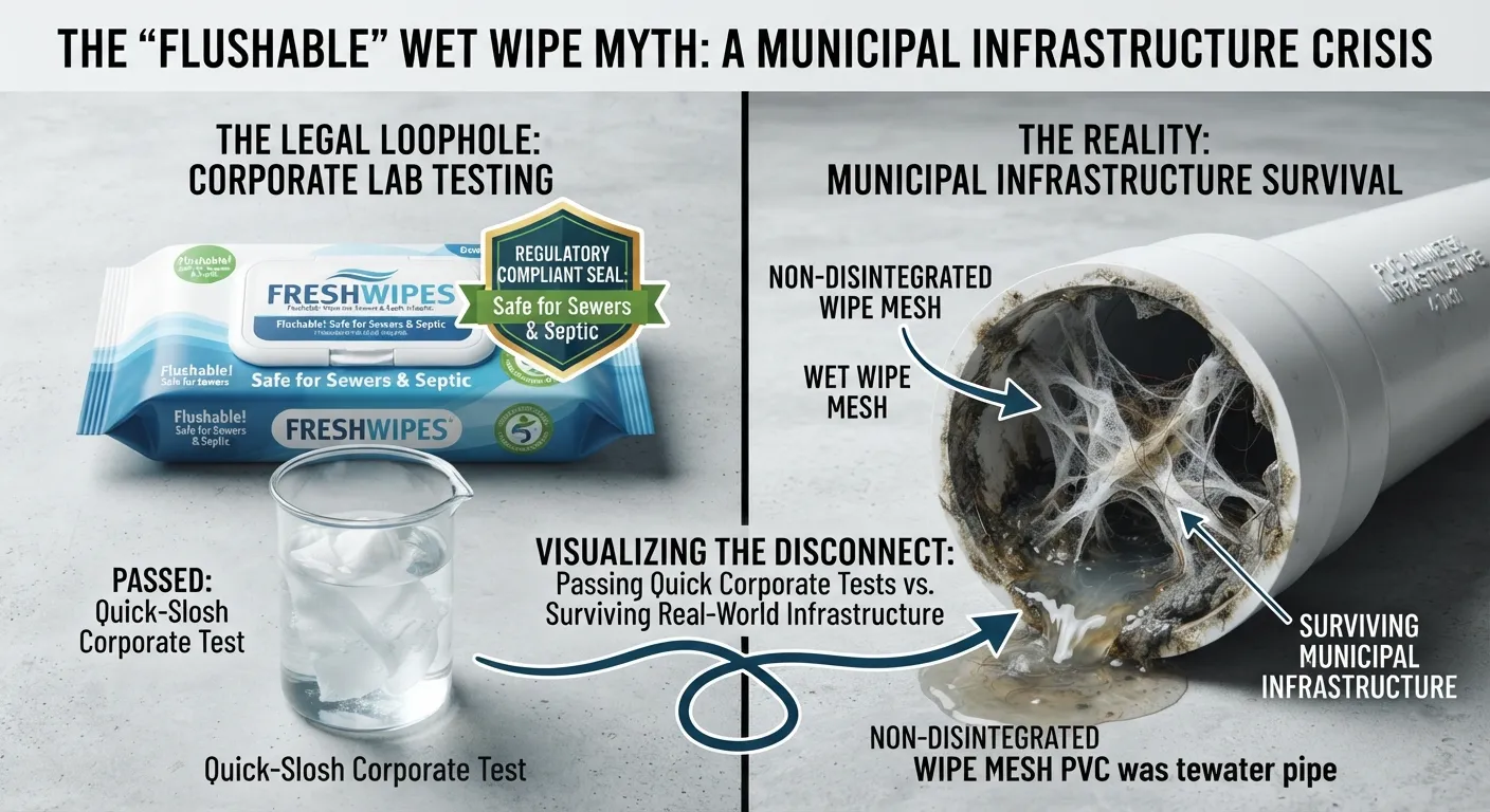 Close-up photo of a flushable wipe package next to a plumbing pipe disclaimer, contrasting marketing claims with real-world sewer test standards.