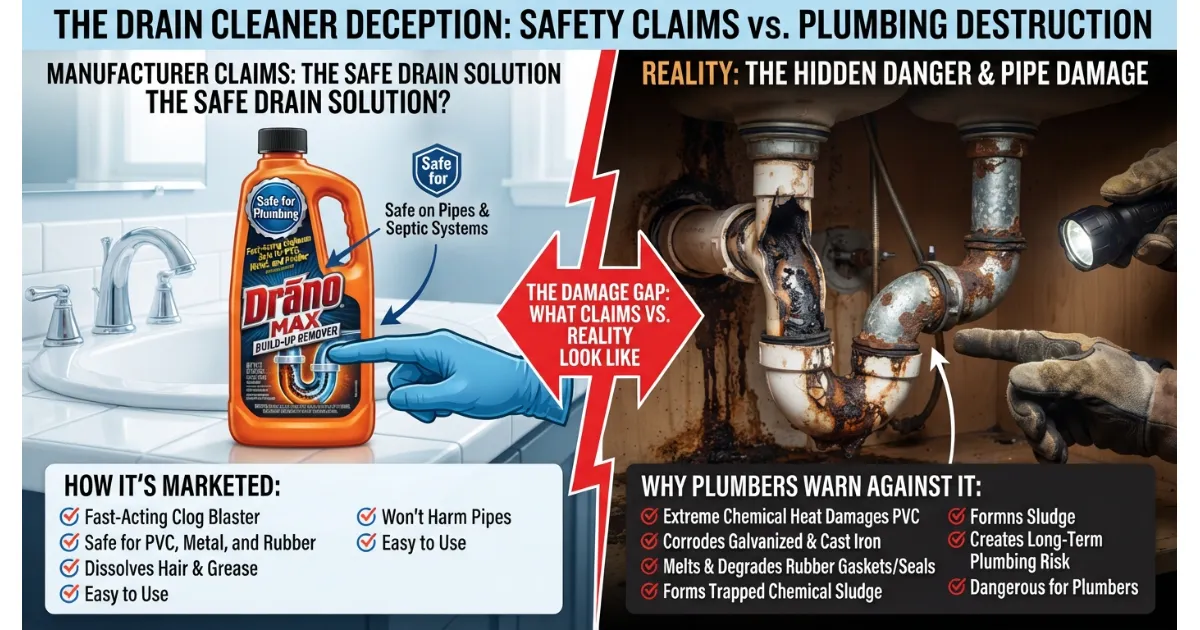 Professional plumber explaining why chemical drain cleaners like Drano can damage pipes despite safe product labeling.