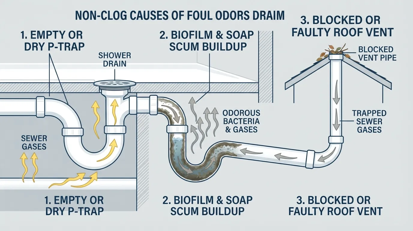 Cross-section diagram of a shower drain and P-trap showing potential non-clog sources of bad odors like dried water seals and biofilm buildup.
