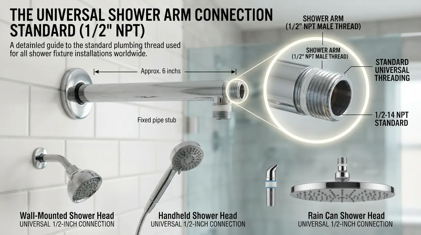 Universal shower head compatibility guide showing standard shower arm connections and threading to help determine if a replacement will fit.