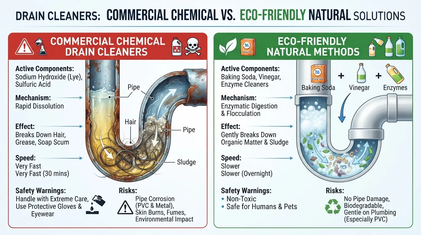 Side-by-side comparison of commercial chemical drain cleaner and natural baking soda and vinegar cleaning methods for a clogged bathtub.