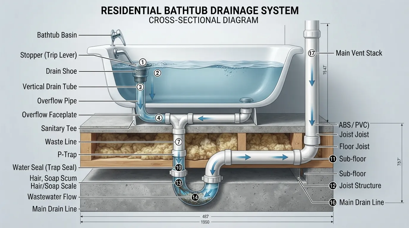 Illustrated cross-section diagram of a bathtub plumbing system showing the drain opening, stopper mechanism, overflow pipe, and P-trap.