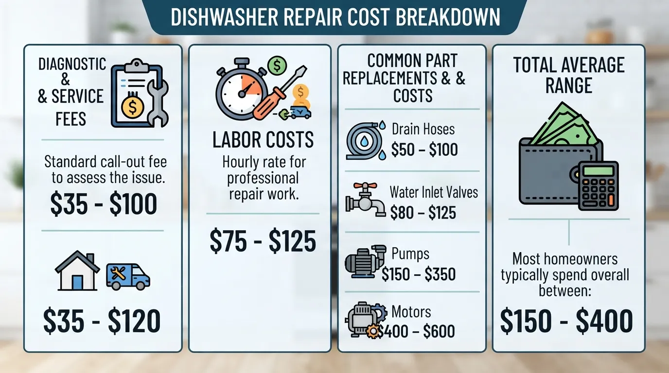 Infographic showing the average cost breakdown to hire a plumber to fix a dishwasher, including diagnostic fees, labor rates, and part replacements like pumps and hoses.
