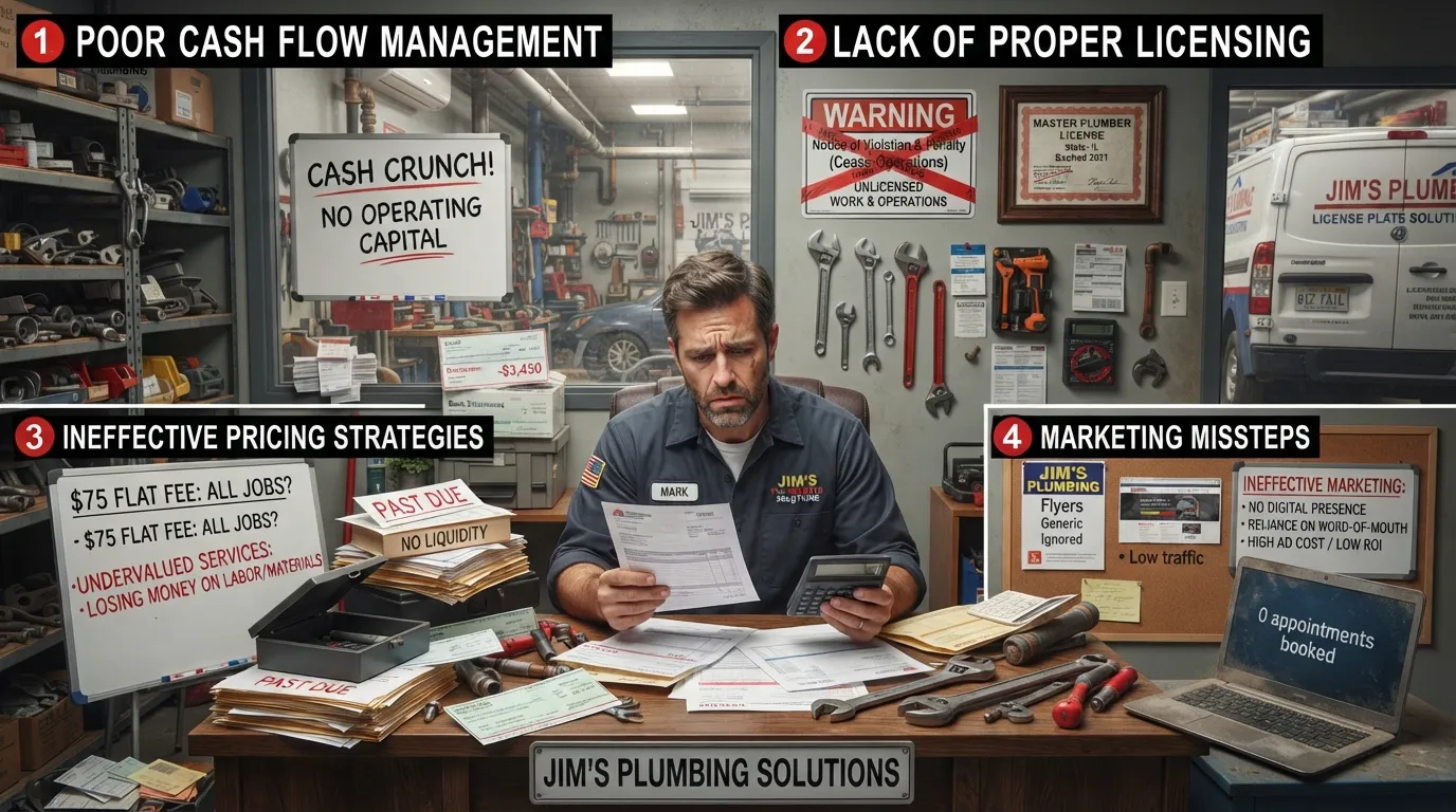 Frustrated business owner reviewing financial spreadsheets and failing equipment, illustrating common pitfalls for new plumbing startups