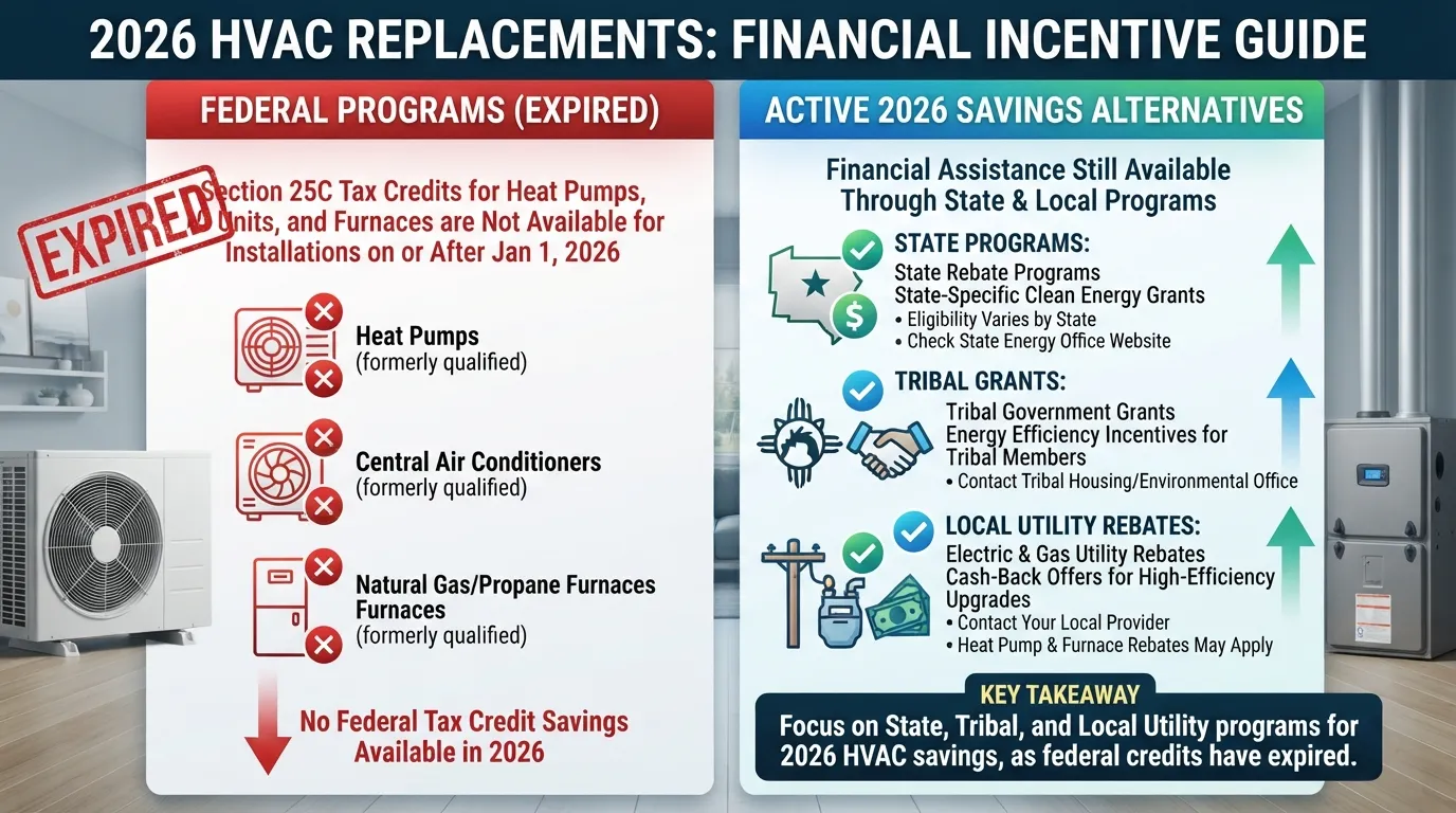 A comparative financial chart illustrating available 2026 HVAC incentives, highlighting the expiration of federal Section 25C tax credits and the transition toward state, local, and utility rebate programs for heat pumps and high-efficiency systems.