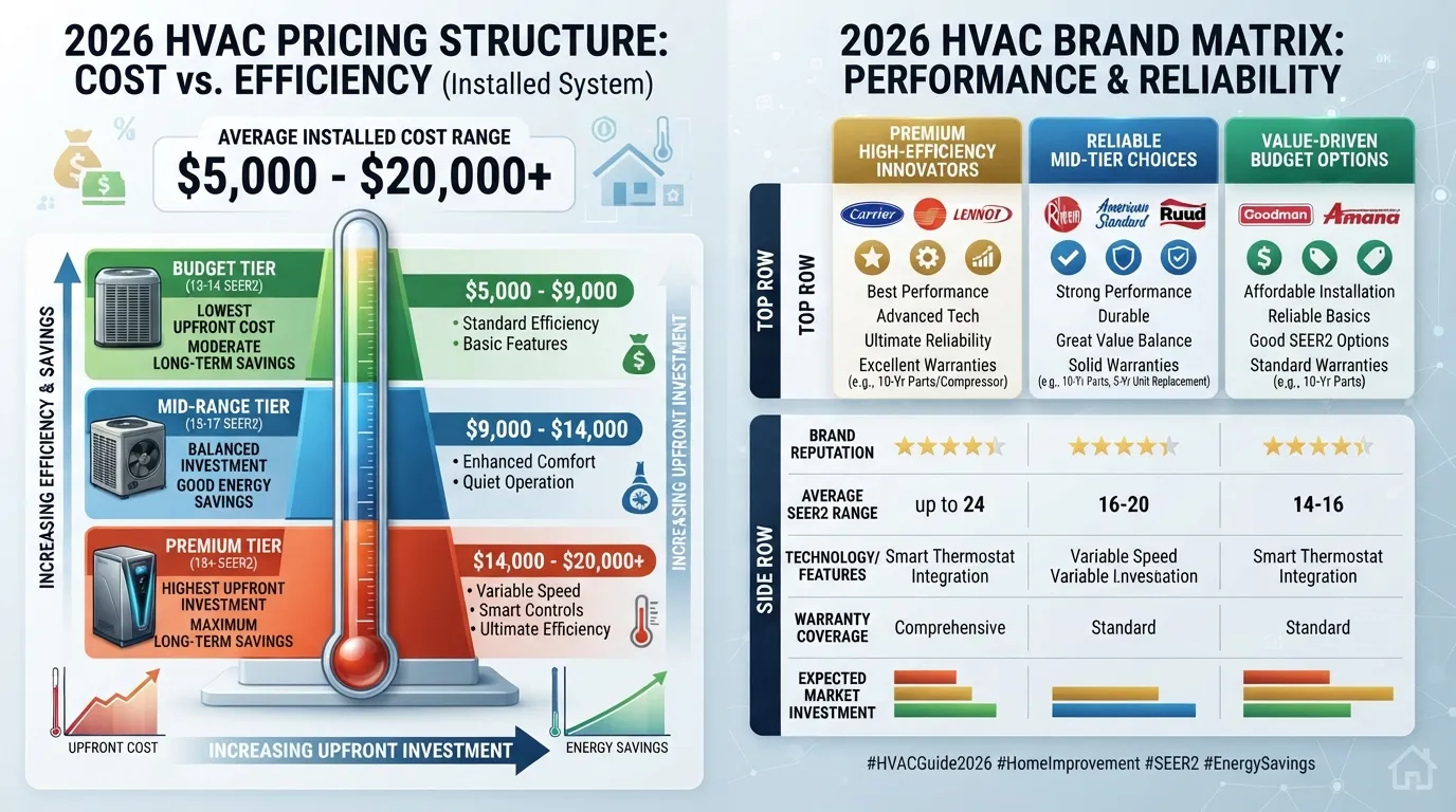 Infographic snapshot comparing 2026 HVAC system installation costs, average price ranges, and top-rated brands like Carrier, Trane, and Goodman.