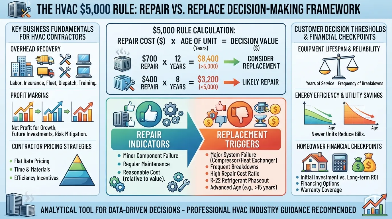 A business management chart and financial calculator outlining the $5,000 rule and core HVAC business fundamentals for contracting companies.