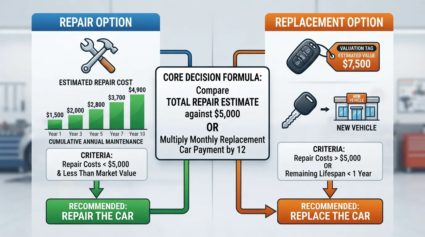 Infographic illustrating the 5000 dollar rule for deciding whether to repair or replace a car, comparing annual repair costs against vehicle replacement value.