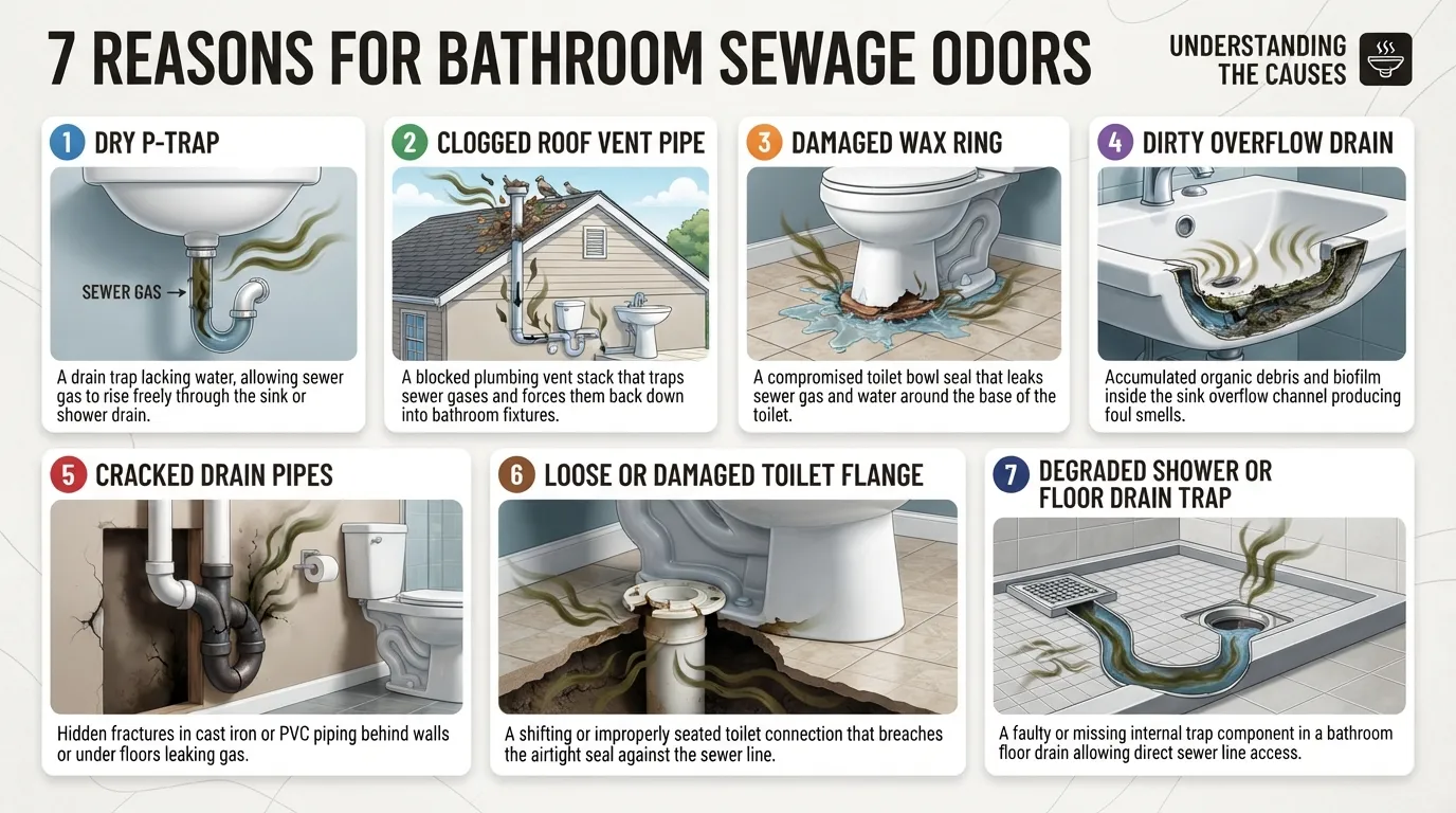 Infographic illustrating seven common causes of bathroom sewage smells, including dry P-traps, clogged vent pipes, and damaged wax rings.