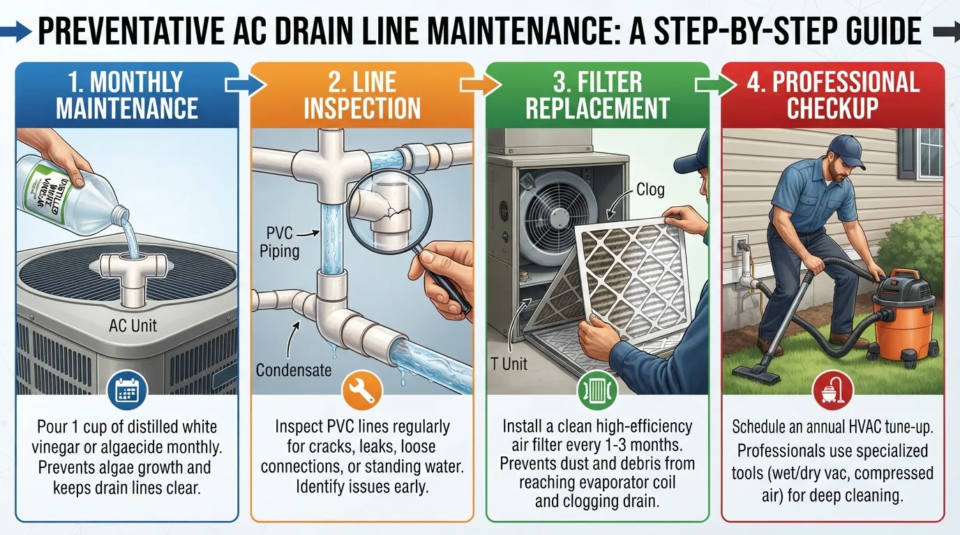 Hands pouring white vinegar into an HVAC condensation drain line PVC pipe access T-port to clean algae and prevent clogs.
