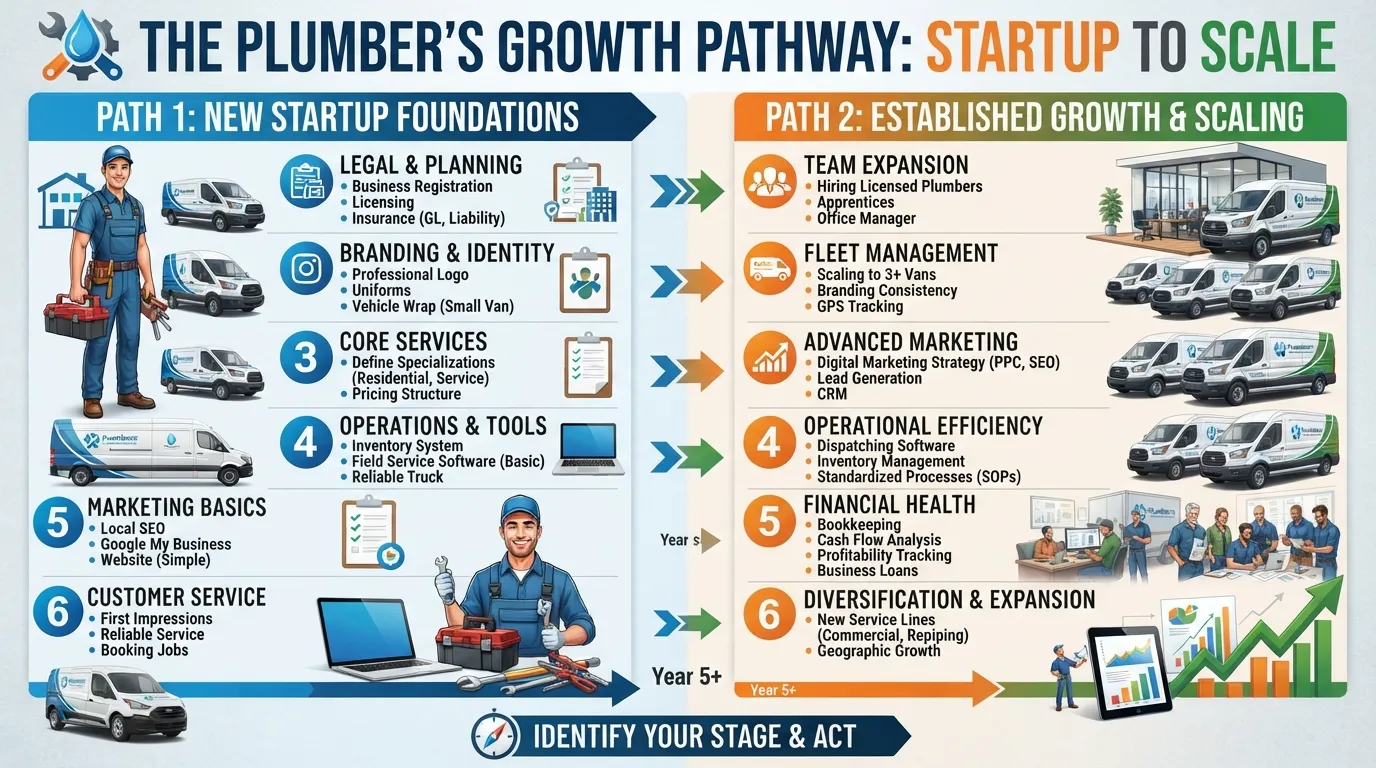 Side-by-side comparison chart or dual path graphic helping plumbing business owners choose between starting out or scaling their operations