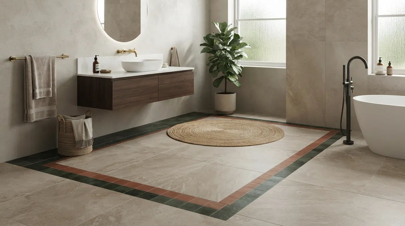 Modern bathroom floor showcasing 2026 trends with earthy neutral large-format tiles and a subtle matte stone finish   