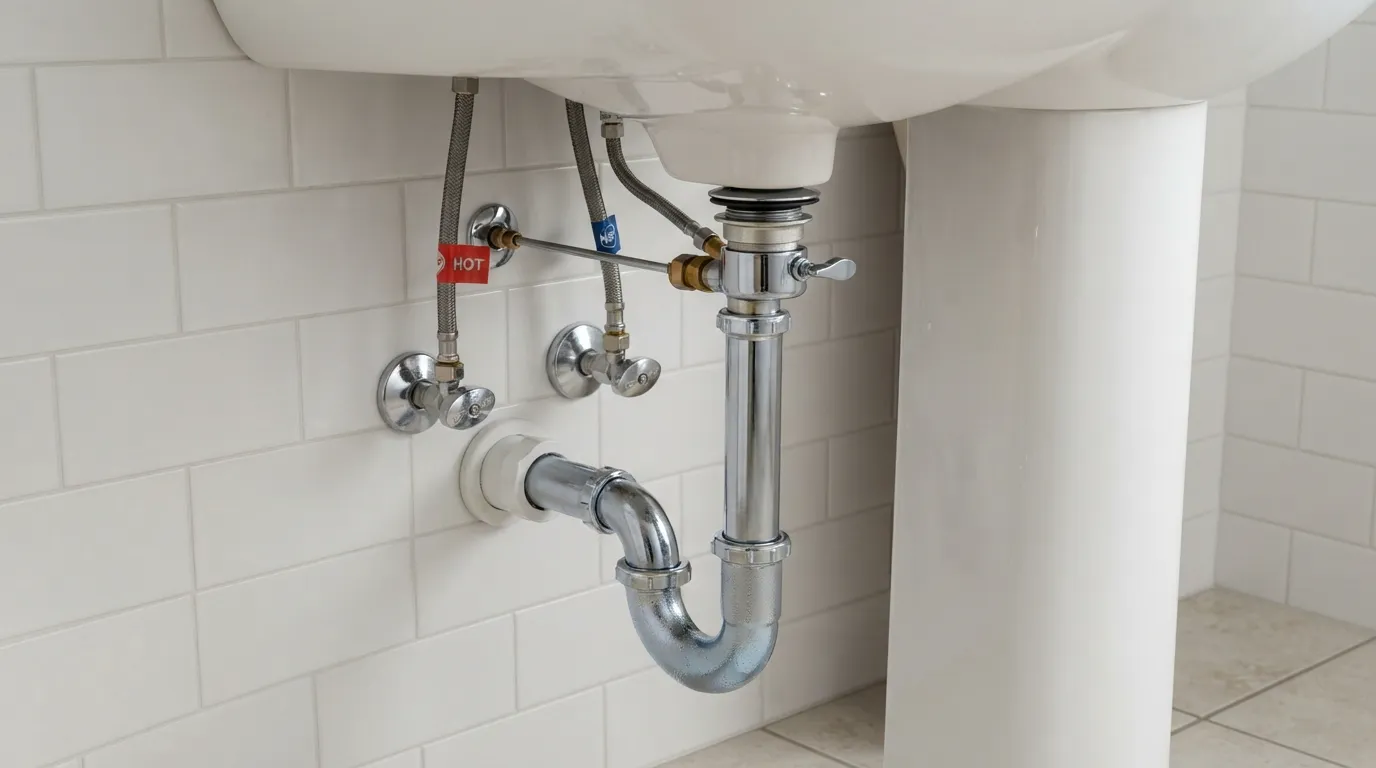 Cutaway diagram of bathroom sink plumbing showing a pedestal vanity setup connected to a pop-up drain assembly and P-trap.
