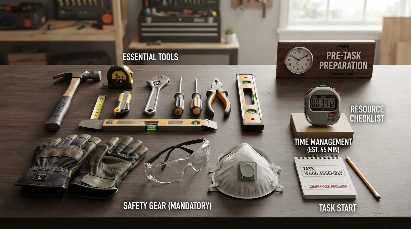Flat lay photograph of DIY project tools, a digital timer, and safety equipment like gloves and goggles arranged neatly on a clean workbench.