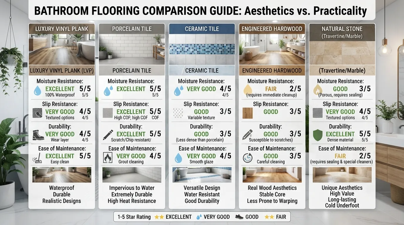 A side-by-side layout displaying different bathroom flooring materials such as waterproof vinyl planks, ceramic tiles, and natural stone installed in modern bathrooms.
