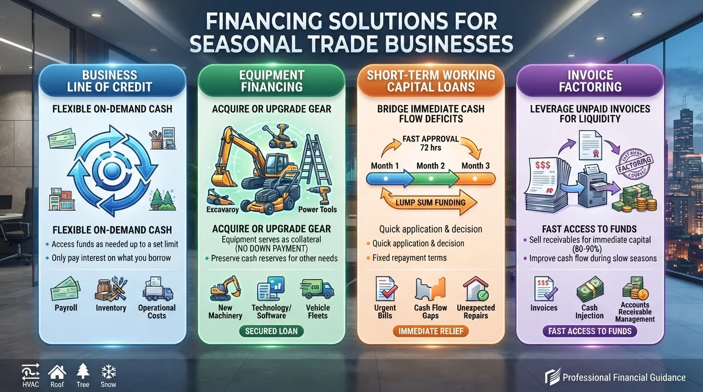 Comparison chart and financial options for seasonal trade businesses, including equipment financing, lines of credit, and merchant cash advances.